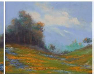 1133 California Plein Air School (20th Century) California wildflower triptych Pastel on three sections of thin paperboard Appears unsigned; a faint pencil notation on the verso of one section of the frame's backing board reads: "Pastel / Northern California / by Fox" Central section: 9 7/8 x 11 7/8 in. Each side section: 9 7/8 x 7 7/8 in. Estimate: $500 - $700