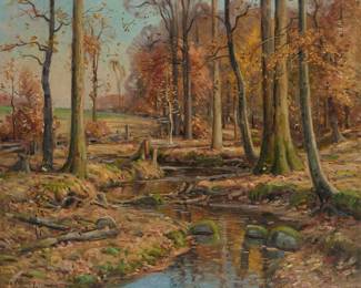 1318 Frank A. Barney (1862-1954) Forest landscape with stream Oil on canvas Signed lower left: FA Barney. 25 x 30 in. Estimate: $400 - $600