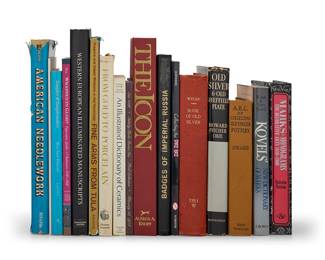1013 A group of decorative arts reference books 20th century Comprising hardcover and softcover books on subjects including Russian icons and badges, illuminated manuscripts, American needlework, ceramics, pottery, silver, and others 16 pieces Largest height 13 in., width 10 in., depth 1 1/8 in. Estimate: $200 - $300