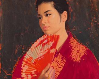 1157 Donald "Putt" Putman (1926-2007) "Geisha with Fan" Acrylic and mixed media on board Signed lower right: Putt; titled, on the frame's backing paper 14 x 11 in. Estimate: $150 - $250