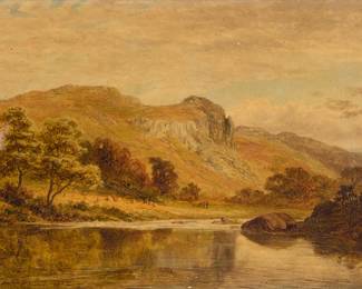 1330 Robert Gallon (1845-1925) "Castle Rock, Lledr Valley" (North Wales), 1878 Oil on canvas Signed and dated lower left: R. Gallon 1878; titled from a hand-lettered caption added (presumably in another hand) along the lower portion of the frame; inscribed in ink on the stretcher, possibly in the artist's own hand, "Castle Rock fro. William Williams' hool / Lledr Valley" 14 x 20 in. Estimate: $400 - $600