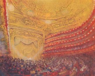 1124 After Chen Chi (1912-2005) "On the Stage," 1962 Photomechanical reproduction in colors on paper From the edition of unknown size and date Inscribed indistinctly in black ink in the lower right of the image; printed title, date, and inscription with copyright symbol in the lower margin as part of the image; Sauberlin & Pfeiffer S.A. Vevey, Chatel-Saint-Denis, Switzerland, prntr.; Chen Chi prints, New York, NY, pub. Sight: 18 1/2 x 27 1/2 in. Estimate: $200 - $300