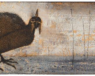 1153 John Paul Morgan (1934-2020) "Guinea Fowl" Ink and oil on board Signed lower right: Morgan; titled on a label affixed verso 3 1/2 x 9 3/8 in. Estimate: $100 - $200