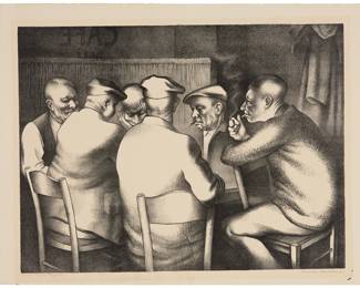 1334 Kenneth Miller Adams (1897-1966) "Card Players," 1959 Lithograph on wove paper Edition: 100/100 Signed, titled, and numbered in pencil in the lower margin: Kenneth M. Adams Image: 17 1/2 x 23 1/8 in.; Sheet: 20 x 26 in. Estimate: $600 - $800