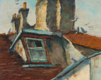 1122 Manes Lichtenberg (1920-2009) "Chimneys" Oil on canvas Signed lower left: M. Lichtenberg; titled and inscribed "PH" in pencil on the canvas overlap 10 x 8 in. Estimate: $300 - $500