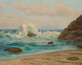 1113 Angel Espoy (1879-1963) Rocky coastal Oil on canvas Signed lower right: A. Espoy; with the artist's black ink copyright stamp, verso 24 x 36 in. Estimate: $700 - $900