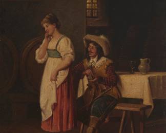 1082 After Edoardo Galli (1852-1933) Cavalier and woman in a wine cellar Oil on panel Initialed with conjoined letters lower left: HF 10 5/8 x 8 1/8 in. Estimate: $200 - $300