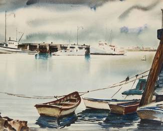 1099 Joseph Knowles (1907-1980) Harbor scene, 1947 Watercolor and gouache on paper Signed and dated lower left: J. Knowles / 47 Sight: 14 1/4 x 22 in. Estimate: $400 - $600