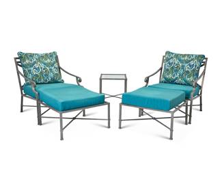 1340 Richard Frinier (b. 1946) A pair of 'Venetian' patio armchairs with ottomans and a side table for Brown Jordan, late 20th/early 21st century Originally designed 1987 Each numbered to factory label In the Neoclassical style, comprising a pair of lounge chairs with matching ottomans, and a glass-top side table, each chair with X-form seatback and stretcher, with possibly later seat cushions and pillows 5 pieces Each chair height 32 1/2 in., width 28 1/4 in., depth 33 in.; height of ottomans 16 1/2 in., width 27 1/2 in., depth 24 1/2 in.; height of side table 18 1/4 in., width 18 in., depth 18 in. Estimate: $600 - $800