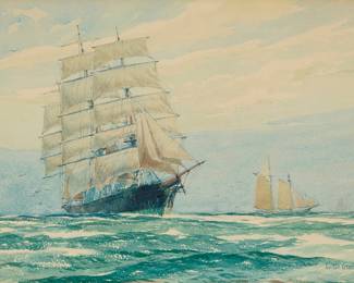 1123 Gordon Grant (1875-1962) "Tall Ship Before the Wind," 1925 Watercolor on paper Signed and dated lower right: Gordon Grant / 25; titled on a label affixed to the frame's backing board Sight: 9 3/4 x 13 1/2 in. Estimate: $500 - $700