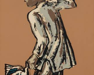 1185 Millard Sheets (1907-1989) "Indian Poultryman," circa 1940 Screenprint in colors on paper Likely from the edition of 315 Signed in pencil lower right, on the image: Millard Sheets; remnants of a signature, number, and inscription, all in pencil, in the lower margin; titled on a gallery label affixed to the frame's backing paper Image: 25 3/4 x 13 3/8 in.; Sheet: 26 x 13 3/4 in. Estimate: $300 - $500