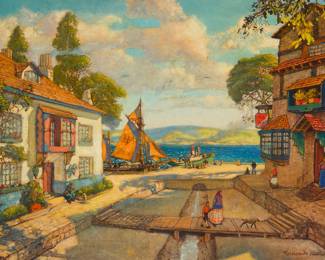 1180 Hernando Villa (1881-1952) Harbor village with townspeople, 1943 Oil on canvasboard Signed and dated lower right: Hernando Villa 43 18 x 24 in. Estimate: $700 - $900