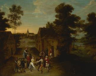 1179 17th/18th Century Dutch School A village dance scene Oil on canvas laid to canvas Unsigned 30 1/2 x 43 1/2 in. Estimate: $400 - $600