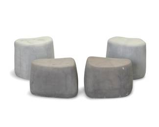 1005 Two pairs of Contemporary faux stone side tables Early 21st century Each unmarked Hollow molded concrete composite 4 pieces Taller pair height 17 1/2 in., width 18 1/4 in., depth 12 1/4 in.; height of shorter pair 14 1/2 in., width 20 1/2 in., depth 14 in. Estimate: $200 - $400