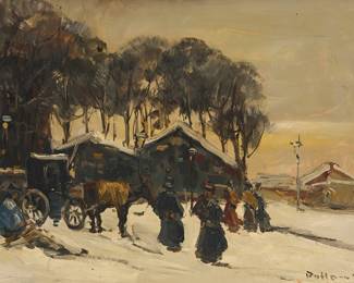 1218 Late 19th/Early 20th Century European Painting Horse-drawn carriage and figures in the snow Oil on panel Signed indistinctly lower right: D** Ho*** 12 x 16 in. Estimate: $400 - $600