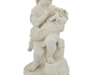 1336 A Copeland parian porcelain figural group After the 1862 model titled "Go to Sleep" (Joseph Durham, 1814-1877), late 19th century Impressed verso: J DURHAM. Sc / 1862; further impressed verso: COPYRIGHT RESERVED / COPELAND / F / 74; titled in relief to base recto Height 17 7/8 in., width 8 7/8 in., depth 9 1/2 in. Estimate: $300 - $500