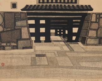 1208 Okiie Hashimoto (1899-1993) "Otemon Gate," 1958 Woodcut on paper Edition: 8/50 Signed, titled in Japanese, dated, and numbered, all in pencil in the lower right margin: Okiie Hashimoto; the artist's red chop mark in the lower left image Sight of image: 15 3/4 x 21 1/4 in.; Sight of sheet: 16 1/2 x 21 1/4 in. Estimate: $300 - $500