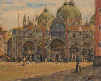 1141 20th Century Italian school Venetian scene Oil on panel Signed lower right: Foco 11 3/4 x 17 3/4 in. Estimate: $300 - $500