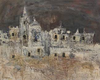 1014 Louis Bassi Siegriest (1899-1989) "Cathedral in Morelia," 1955 Oil on Masonite Signed and dated lower left: Siegriest 55; signed, titled, and dated in pencil verso: "Louis B. Siegriest / CATHEDRAL IN MORELIA / - 1955" 24 1/4 x 30 1/4 in. Estimate: $300 - $500
