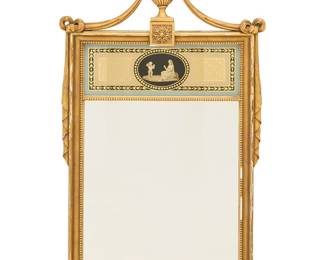 1260 A Regency style gilt and painted mirror Late 19th/early 20th century With painted classical scene of Cupid and Psyche, the giltwood frame surmounted by an urn issuing three acanthus leaves and drapery Height 48 3/4 in., width 25 1/2 in., depth 3 1/8 in. Estimate: $400 - $600