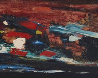 1286 Ralph Rosenborg (1913-1992) "Seascape in Reds and Blues," 1958 Oil on canvas Signed and dated lower right: Rosenborg 1958; signed and dated again, and inscribed "Monhegan Island / Maine" with the artist's device, all verso; titled on the artist's typed label affixed to the stretcher 16 1/8 x 36 1/8 in. Estimate: $500 - $700