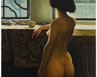 1345 20th Century Chinese Realism School Standing nude in an interior, 1998 Oil on canvas Inscribed and dated in Chinese, verso: 98.3 36 1/4 x 28 3/4 in. Estimate: $500 - $700