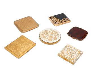 1096 A group of six compacts Mid/late 20th century A group of mirror compacts in gold-toned and mixed metal, most with various chased floral and abstract motifs, by various makers including Pilcher [USA], American Beauty by Elgin [USA], including a small unused compact by Volupté USA, with gold-toned floral scrollwork on white enamel, and a round Wadsworth compact with chased floral motifs Five marked for maker 6 pieces Largest 3 3/8 x 3 3/8 in.; smallest 2 1/2 x 2 3/8 in. 633.6 grams gross Estimate: $200 - $250