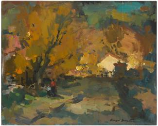 1125 Sergei Bongart (1918-1985) Figures walking in a autumn landscape Oil on Masonite Signed lower right: Sergei Bongart 24 x 30 in. Estimate: $400 - $600