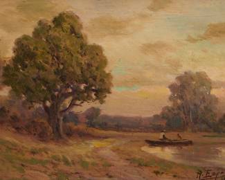 1196 Angel Espoy (1879-1963) Sunset landscape with trees Oil on board Signed lower right: A. Espoy 9 1/4 x 12 1/4 in. Estimate: $300 - $500
