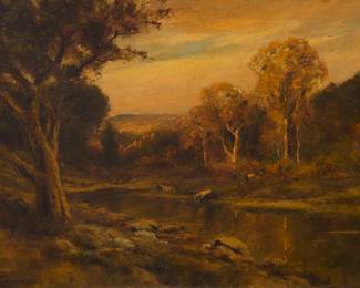 1087 Giuseppe Cadenasso (1854-1918) Pastoral landscape Oil on canvas Signed lower left: G. Cadenasso 20 x 28 in. Estimate: $800 - $1,200