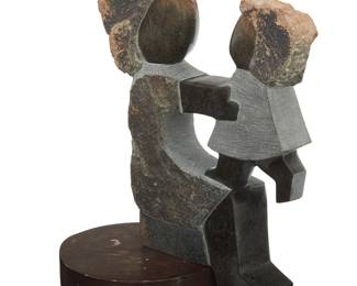 1151 Dominic Benhura (b.1968) Mother and child Carved stone on associated wood plinth With incised signature to underside: DOMINIC BENHURA TM 2 pieces Stone height 14 1/2 in., width 10 in., depth 3 1/2 in.; plinth height 2 in., width 8 1/4 in., depth 7 7/8 in. Estimate: $500 - $800