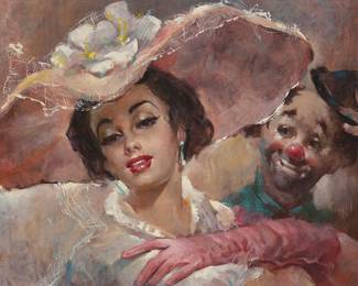 1308 Julian Ritter (1909-2000) A lady and a clown Oil on panel Signed lower right: J. Ritter 12 1/4 x 16 1/4 in. Estimate: $300 - $500