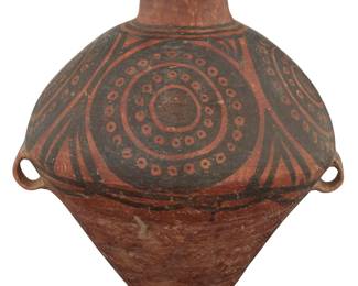 1163 A Chinese Neolithic style painted pottery jar 20th century or earlier With opposed handles, decorated with concentric circle motifs Height 13 3/4 in., width 13 5/8 in., depth 12 in. Estimate: $300 - $500