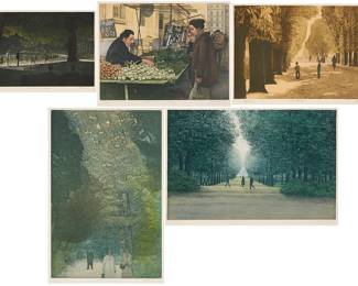 1181 Harold Altman (1924-2003) Five works: "Luxembourg, October" Etching in colors on Arches paper Artist's proof Signed, titled, and inscribed in pencil in the lower margin: Altman "Parc Monceau III" Etching in colors on Arches paper Edition: 68/155 Signed, titled, and numbered in pencil in the lower margin: Altman "Two Children" Edition: 74/265 Lithograph in colors on Arches paper Signed, titled, and numbered in pencil in the lower margin: Altman; Mourlot, Paris, France, prntr., with their blindstamp in the lower margin, just below the left corner of the image "Shallots, Garlic and Parsley," 1980 Etching in colors on paper Edition: 95/200 Signed, titled, and numbered in pencil in the lower margin: Altman "Two Trees, Luxembourg" Etching in colors on Arches paper Edition: 50/185 Signed, titled, and numbered in pencil in the lower margin: Altman Plate of largest: 27 1/2 x 18 in; Sheet of largest: 30 1/4 x 22 3/4 in. Estimate: $200 - $300