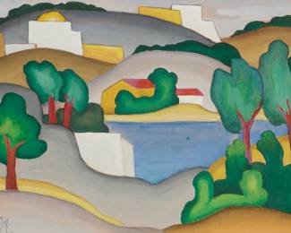 1072 Samuel Schlesinger (1896-1986) Israeli landscape Gouache on paper Signed in Hebrew lower left Sight: 12 x 17 1/2 in. Estimate: $500 - $700