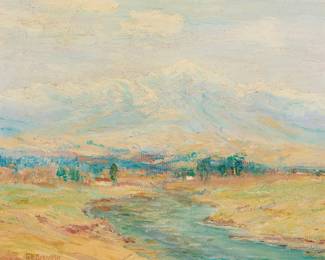 1067 George Kennedy Brandriff (1890-1936) "San Bernardino" (Mount Baldy), circa 1928 Oil on canvasboard Stamped with the artist's signature lower left; signed "Brandriff" and titled in ink, and with the artist's estate stamp, all verso 10 1/2 x 12 in. Estimate: $600 - $800