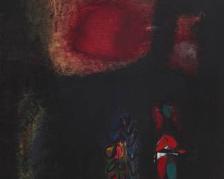 1055 Ralph Rosenborg (1913-1992) "Tree House and Moon," 1958 Oil on canvas Signed and dated lower right: Rosenborg 1958; signed and dated again in ink, verso; titled in ink on a label affixed to the stretcher 30 x 24 in. Estimate: $600 - $800