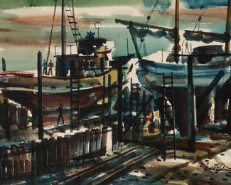1215 Noël Quinn (1915-1993) Fishing boats, San Pedro, 1953 Watercolor on paper Signed and dated lower right: Noël Quinn / 1953 Sight: 19 3/4 x 27 1/4 in. Estimate: $300 - $500
