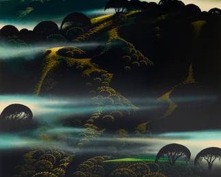 1350 Eyvind Earle (1916-2000) "Fog Draped Hills" Screenprint in colors on thick white cardstock Edition: 176/400 (the total edition was 660) Signed lower right: Eyvind Earle; numbered lower left; Robert Dane Ltd. Inc. / Clearwater Studios, prntr., with their ink stamp (including the artist's copyright) in the lower left margin corner Image: 20 1/8 x 16 in.; Sheet: 27 1/8 x 22 in. Estimate: $400 - $600