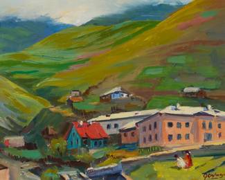 1301 Gervasia Vartanyan (1927-2018) "At the Edge of the Village," 1954 Oil on board Signed in Armenian and dated lower right: Gervasia 54; signed again and titled in Armenian, verso Sight: 9 3/4 x 13 1/2 in. Estimate: $300 - $500