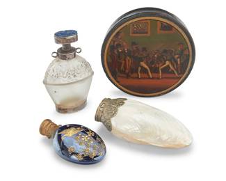 1032 Three snuff bottles and a papier-mâché snuff box 19th/20th century Depicting one frosted glass with sterling silver mounts, one cobalt glass gilt-painted with a bird and floral motifs, one mother of pearl shell with metal cap, and a circular lidded box with applied painted paper depicting a fencing duel 4 pieces Box height 7/8 in., diameter 3 5/8 in.; shell height 3 1/2 in.; cobalt height 2 5/8 in. Estimate: $150 - $250