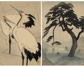 1274 Two Japanese Woodcut Prints Two works: Ide Gakusui (1899-1892) Two cranes Woodcut in colors on paper From the edition of unknown size With the Gakusui seal in the lower right of the image; Watanabe Shozaburo, pub. Sight: 14 x 9 1/4 in. Shiro Kasamatsu (1898-1991) "Kinokunisaka in the Rainy Season" Woodcut in colors on paper From the edition of unknown size, a post-war impression With a signature and/or inscription in Japanese and the artist's red seal in the lower right corner of the image; Watanabe Shozaburo, pub., with their seal in the lower left of the image Sight: 14 x 9 1/4 in. Estimate: $300 - $500