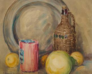 1159 Edmund William Greacen (1876-1949) Still life with fruits, plate, and bottle Oil on canvas laid to artist's board Signed lower left: Edmund Greacen 12 3/4 x 14 3/4 in. Estimate: $700 - $900