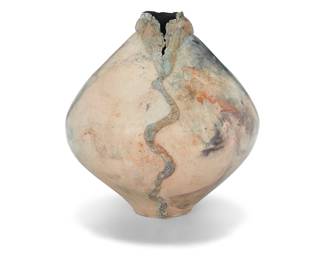 1166 A Contemporary raku style studio pottery vessel 1992 With indistinct incised signature and date: 92 Height 16 1/2 in., diameter 15 1/2 in., irregular Estimate: $200 - $300
