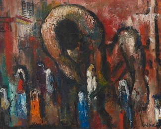 1079 Violet Parkhurst (1921-2008) Abstract figures and a cross Oil and mixed media on Masonite Signed lower right: Parkhurst 20 x 30 in. Estimate: $400 - $600