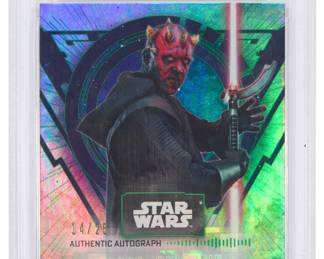 1327 Sam Whitwer Green Darth Maul 2022 Star Wars Signature Series #SW Signed Topps Card Edition 14/25 Gem MT Grade 10 card autographed by Sam Whitwer, encased in a plastic mount and with PSA Authentication number 64976172 Case 5 x 3 1/8 in. Estimate: $100 - $200