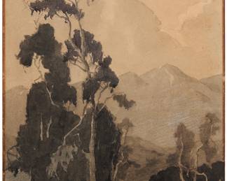 1236 Marion Kavanagh Wachtel (1876-1954) Eucalyptus landscape Watercolor, pencil, and pastel on thick paper Signed lower left: Marion Kavanaugh Wachtel; signed again, titled, and inscribed in pencil "Midsummer Sunset. / 2 cols. Art + Artists, Sunday, Part III," all verso 11 7/8 x 8 in. Estimate: $500 - $700