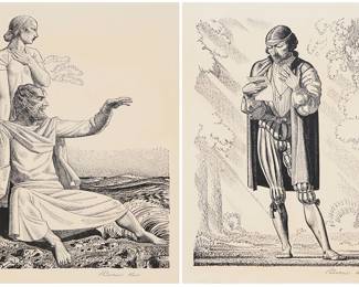 1207 Rockwell Kent (1882-1971) Two plates, from "Forty Drawings Done by Rockwell Kent to Illustrated the Works of William Shakespeare," circa 1937 Two works: "I have done nothing but in the care of thee," from "The Tempest" Lithograph on wove paper From the edition of 1,000 Bears signature in pencil in the lower margin, at right; Doubleday, Garden City, NY, pub. Image: 8 1/4 x 6 1/8 in.; Sheet: 11 3/8 x 8 5/8 in. "So sweet a kiss the golden sun gives not," from "Love's Labour's Lost" Lithograph on wove paper From the edition of 1,000 Bears signature in pencil in the lower margin, at right; Doubleday, Garden City, NY, pub. Image: 8 1/4 x 6 1/8 in.; Sheet: 11 3/8 x 8 5/8 in. Estimate: $300 - $500
