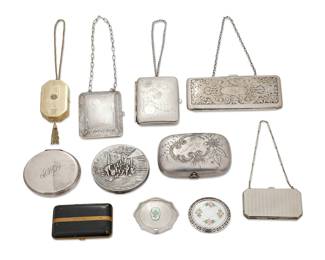 1278 A group of miscellaneous vintage compacts Early/mid-20th century Comprising eleven mixed metal compacts in various shapes, sizes and styles, each with one or more interior compartments and some with chain handles, including a sterling silver monogrammed round compact, a large silver metal engraved box with interior 'jar', two small compacts with guilloché enamel floral accents, and a Danish pictorial round compact, as well as a Mondaine Art Deco-style blackened metal compact, and a chased brass-toned compact with 'Glacier National Park' mountain goat badge to top, with chain handle and tassel Two marked for maker 11 pieces Largest 2 1/2 x 5 1/4 in.; smallest diameter 2 1/4 in. Sterling weight 3.2 oz. troy approximately Estimate: $400 - $600
