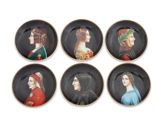 1328 Six Richard Ginori porcelain plates Mid/late 20th century Each stamped with now obscured factory marks and all but one labeled for subject depicted Comprising "Dante," "Savonarola," "B. Portinari," "Hirlandaio," "Petrarca," and a portrait of a woman, likely Beatrice d'Este 6 pieces Height of each 7/8 in., diameter 4 in. Estimate: $150 - $250